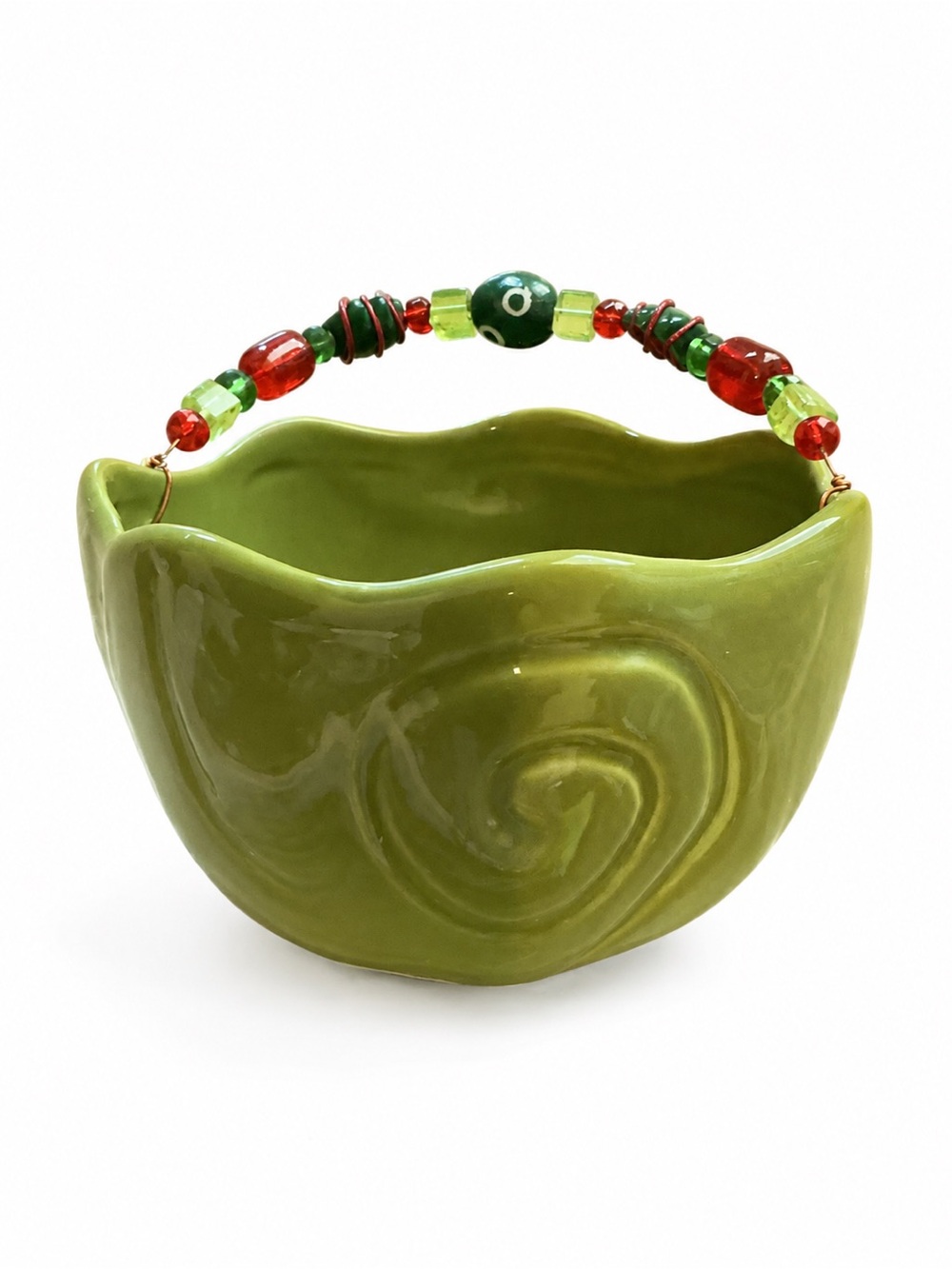 Bella Casa by GANZ Green Ceramic Bowl with Red and Lime Beaded Handle-Candy Dish